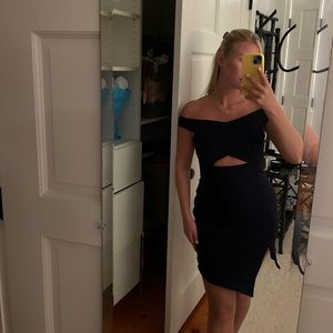 Bec & Bridge Dress, off the shoulder, keyhole cut out, asymmetrical, slit